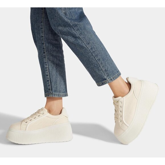 Lucky Step Women Beige Platform Low Top Classic Wedge Retro Canvas Sneakers - Picture 8 of 9